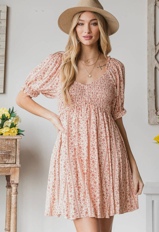Smocked Flare Dress with Puff Sleeves