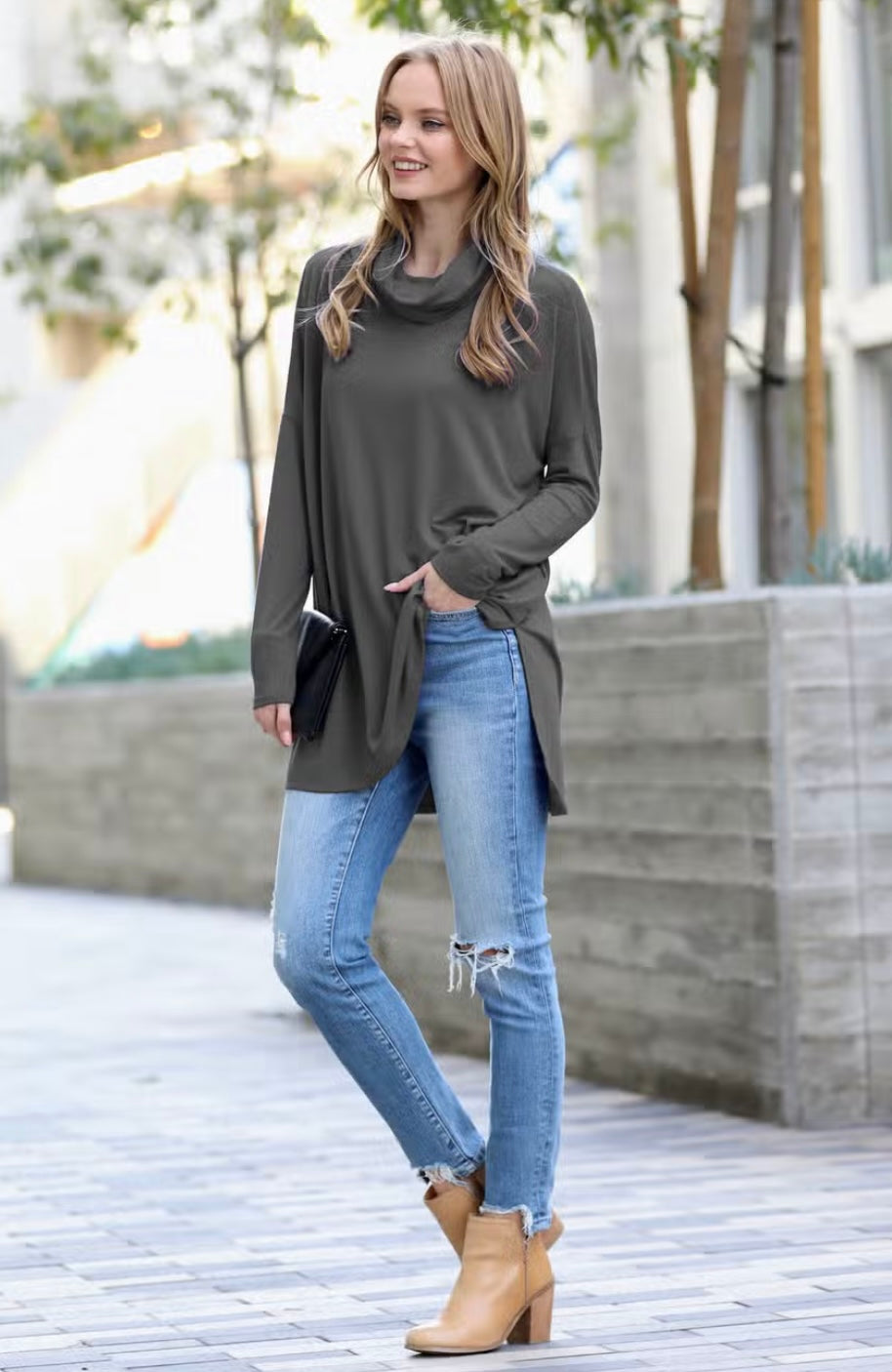 Cowl Neck Long Sleeve Hi-Low Top
