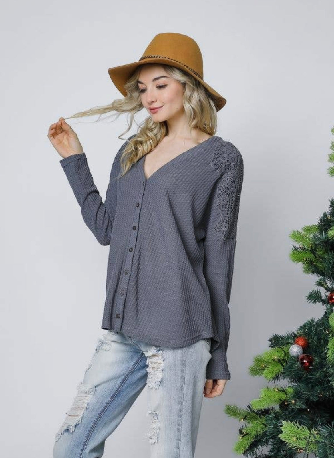 Crochet Lace Knit Button Down Henley Cardigan Top