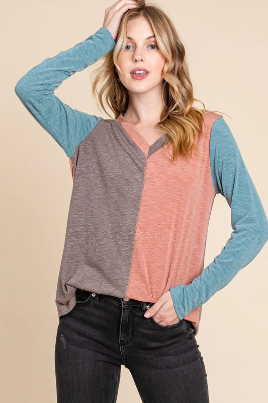 Two Tone Slub Long Sleeve Top