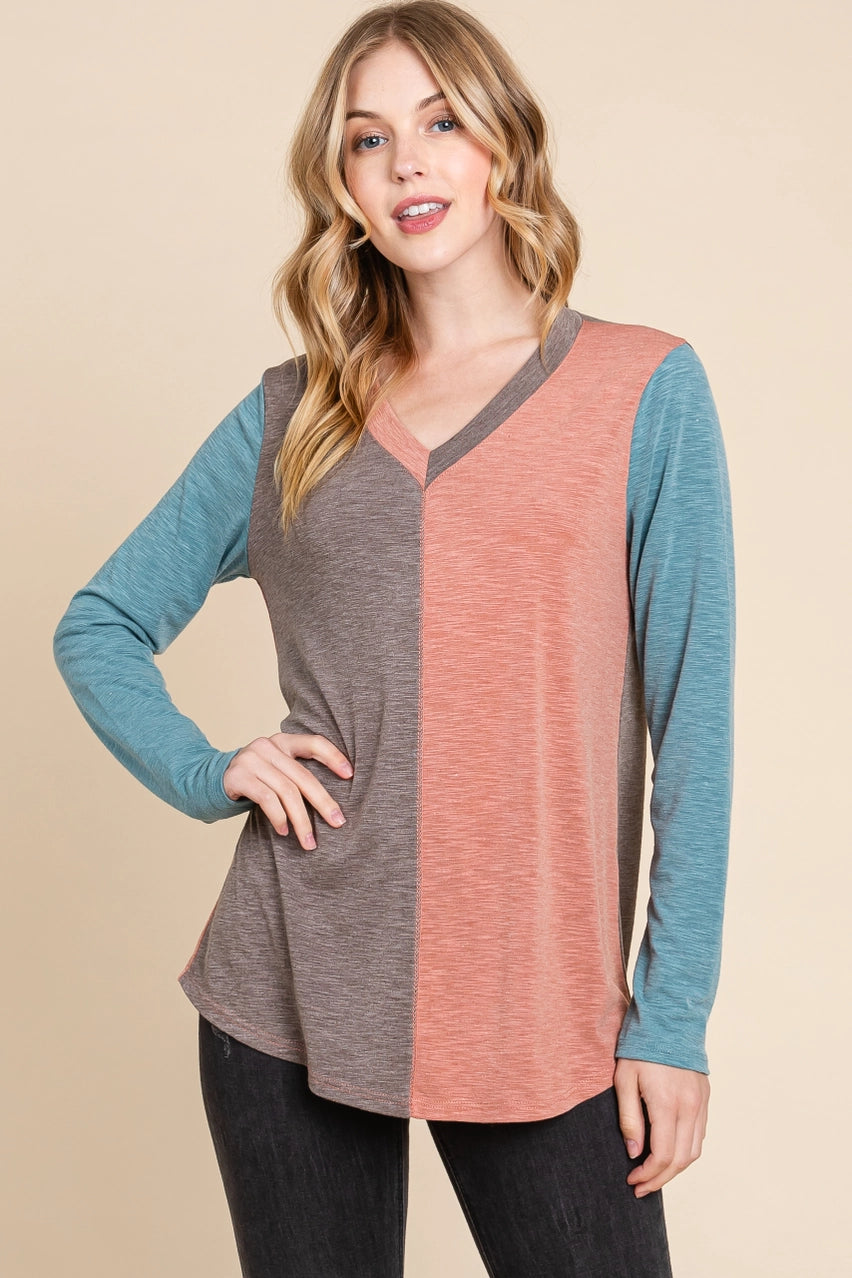 Two Tone Slub Long Sleeve Top