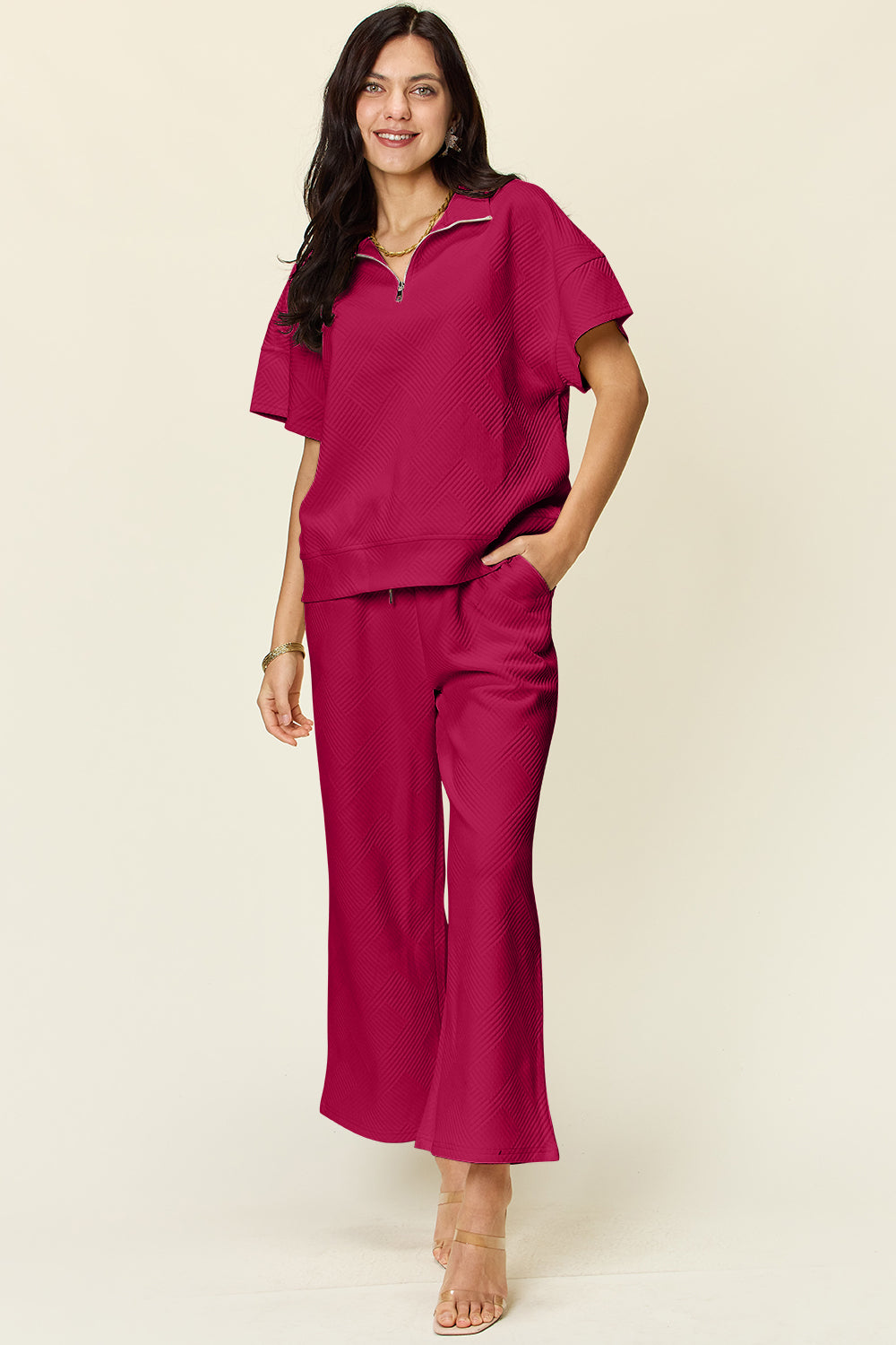 Double Take Full Size Texture Half Zip Short Sleeve Top and Pants Set - Multiple Colors!