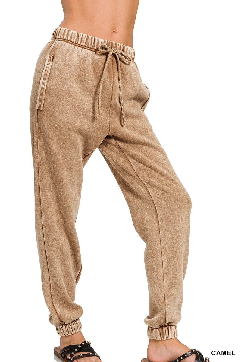 Acid Wash Fleece Joggers with Pockets