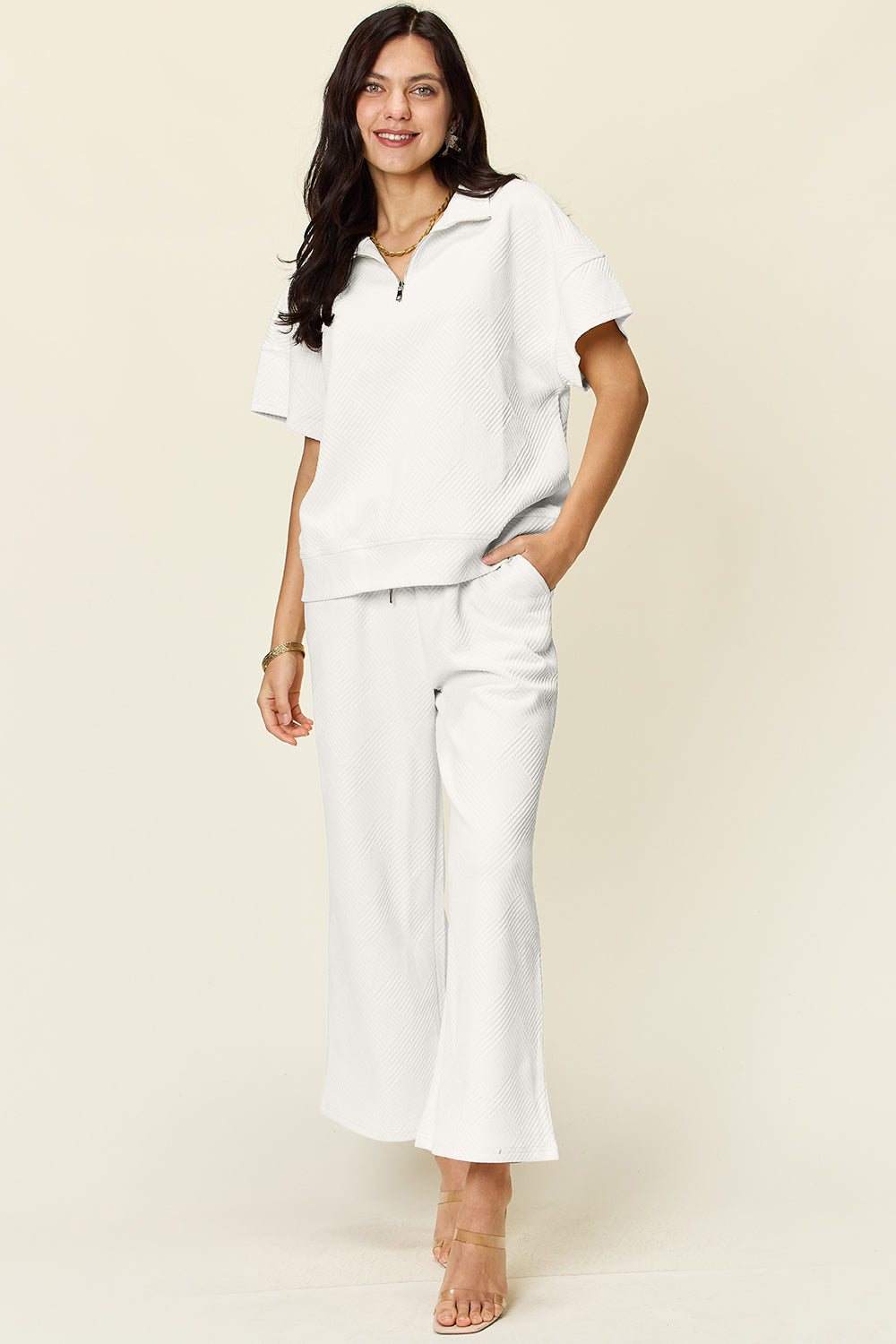 Double Take Full Size Texture Half Zip Short Sleeve Top and Pants Set - Multiple Colors!