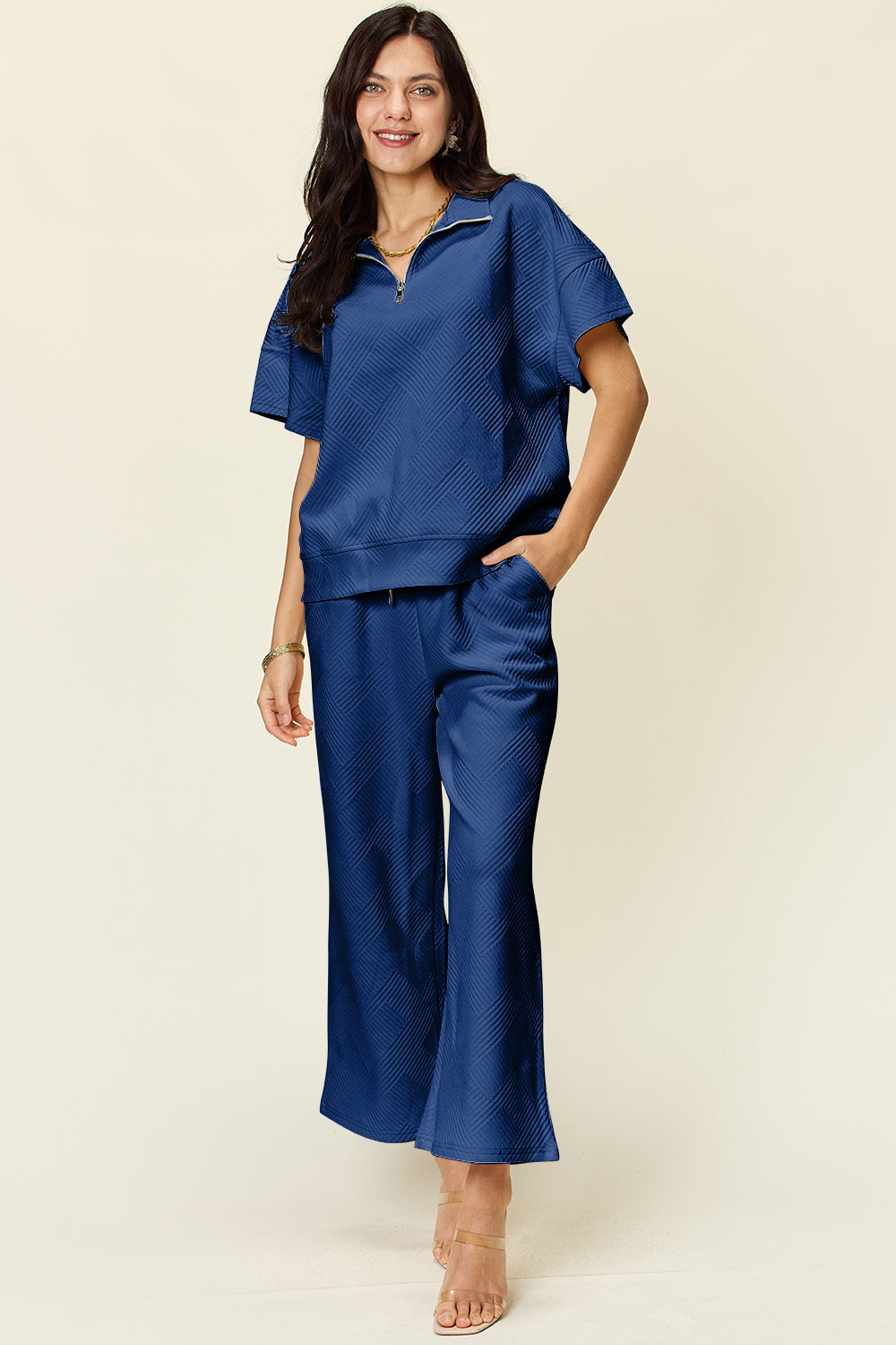 Double Take Full Size Texture Half Zip Short Sleeve Top and Pants Set - Multiple Colors!