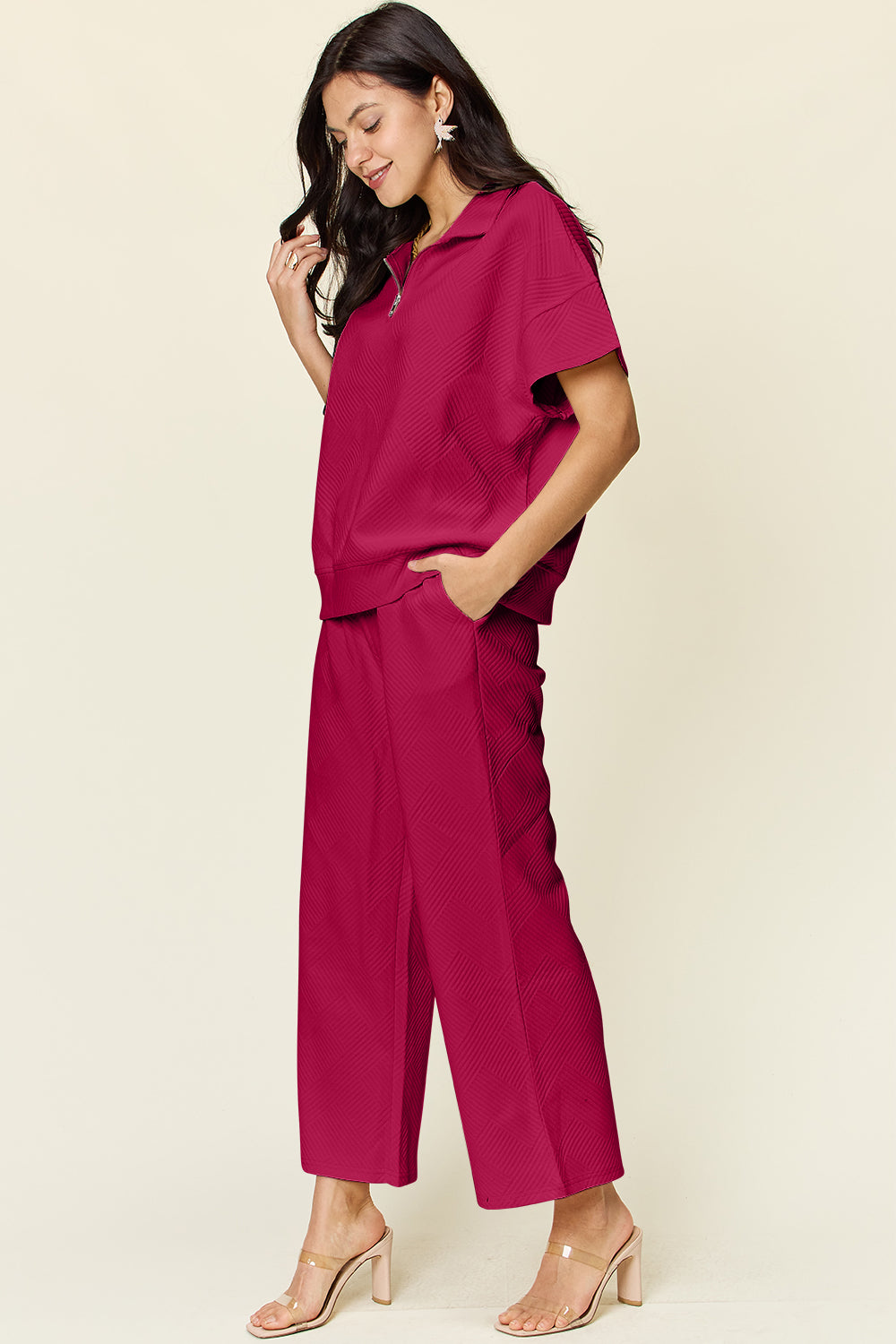 Double Take Full Size Texture Half Zip Short Sleeve Top and Pants Set - Multiple Colors!