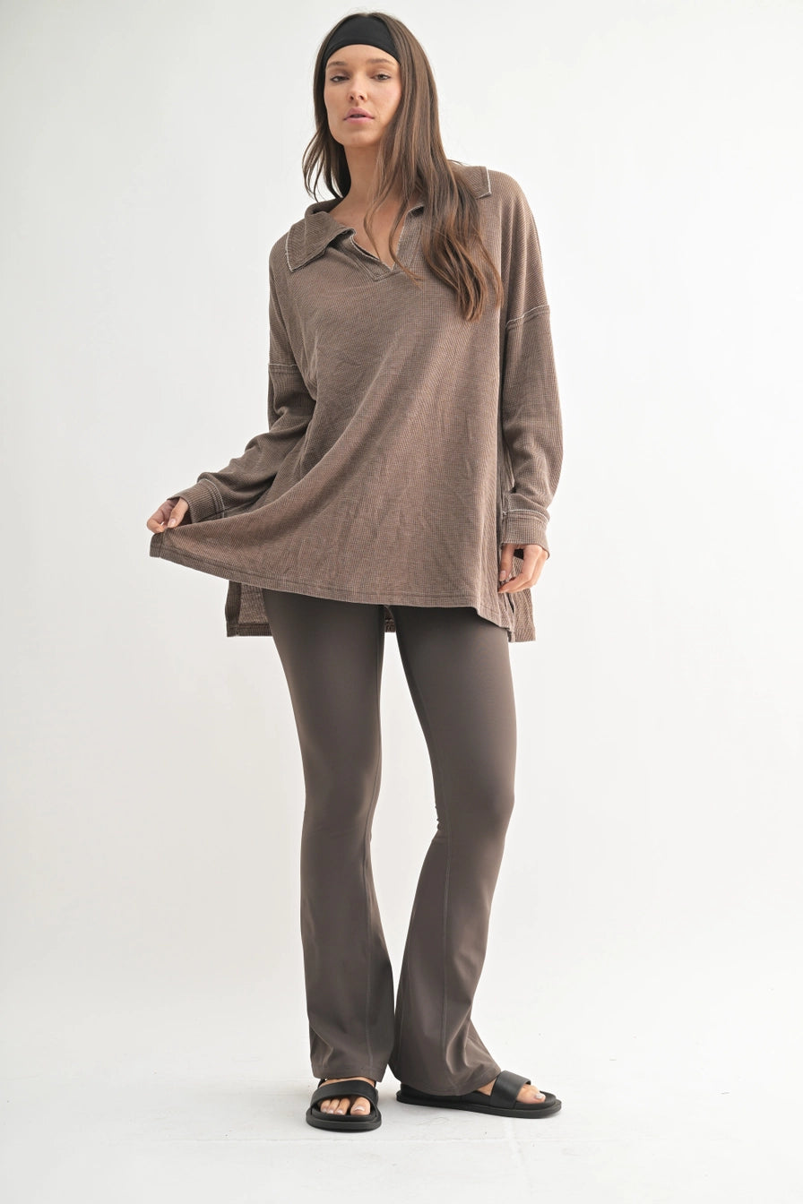 Cotton Blend Waffle Knit Oversized Collared Long Sleeve