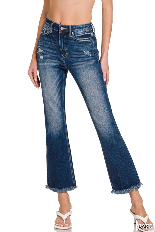 High Rise Straight Raw Hem Cropped Denim Pants