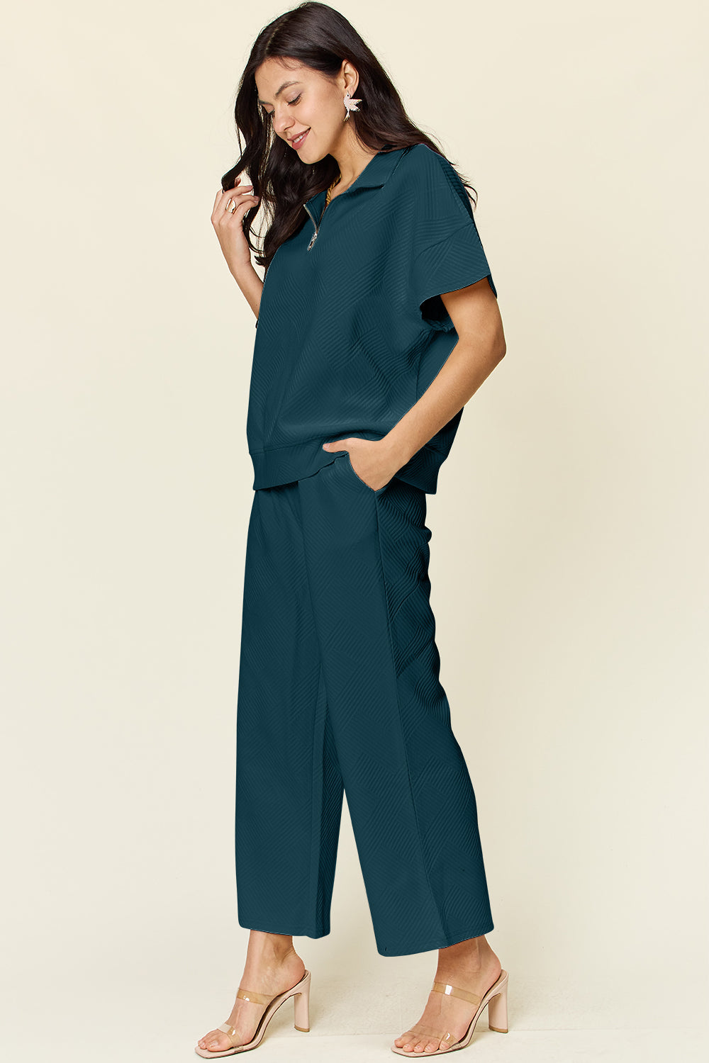 Double Take Full Size Texture Half Zip Short Sleeve Top and Pants Set - Multiple Colors!