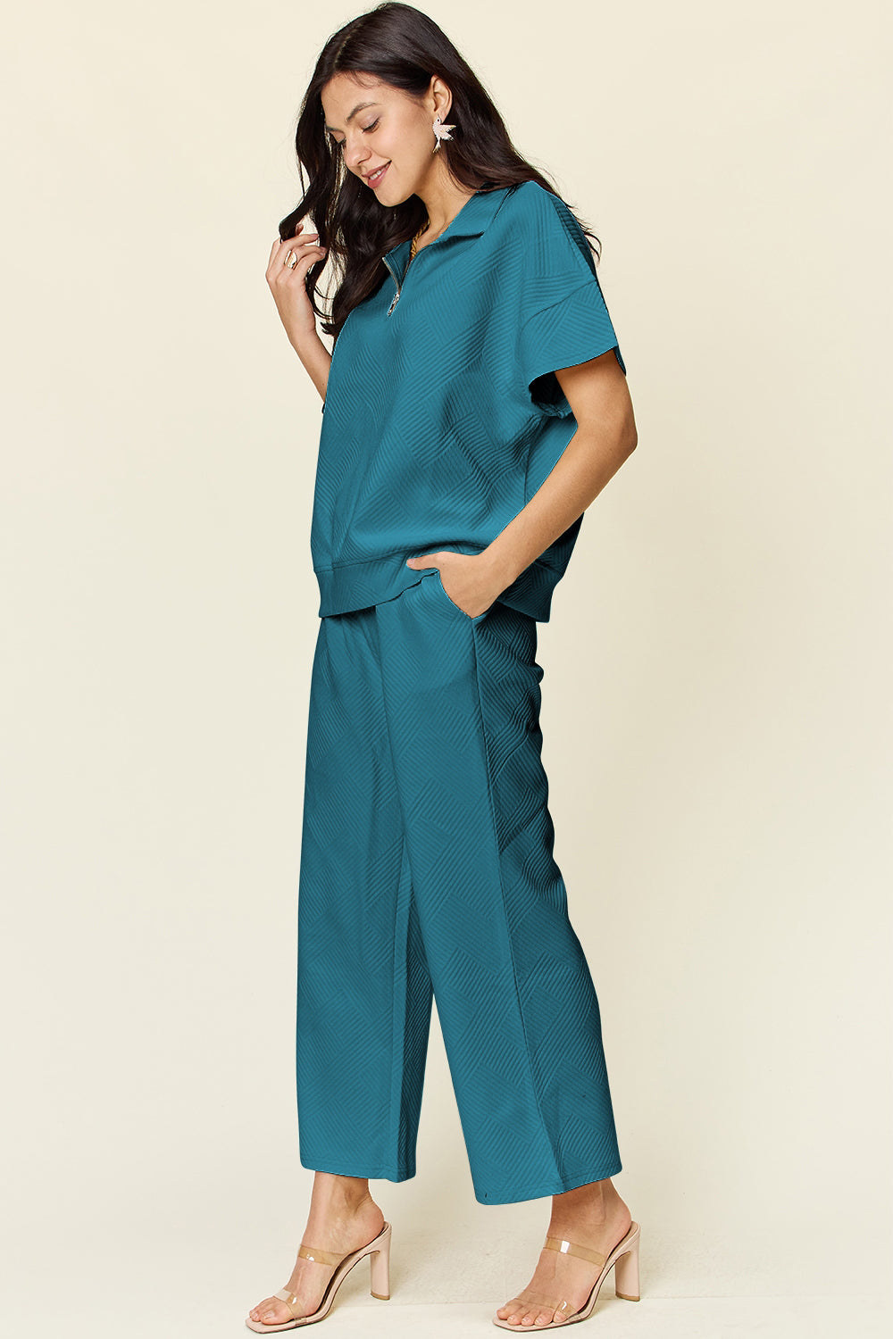 Double Take Full Size Texture Half Zip Short Sleeve Top and Pants Set - Multiple Colors!