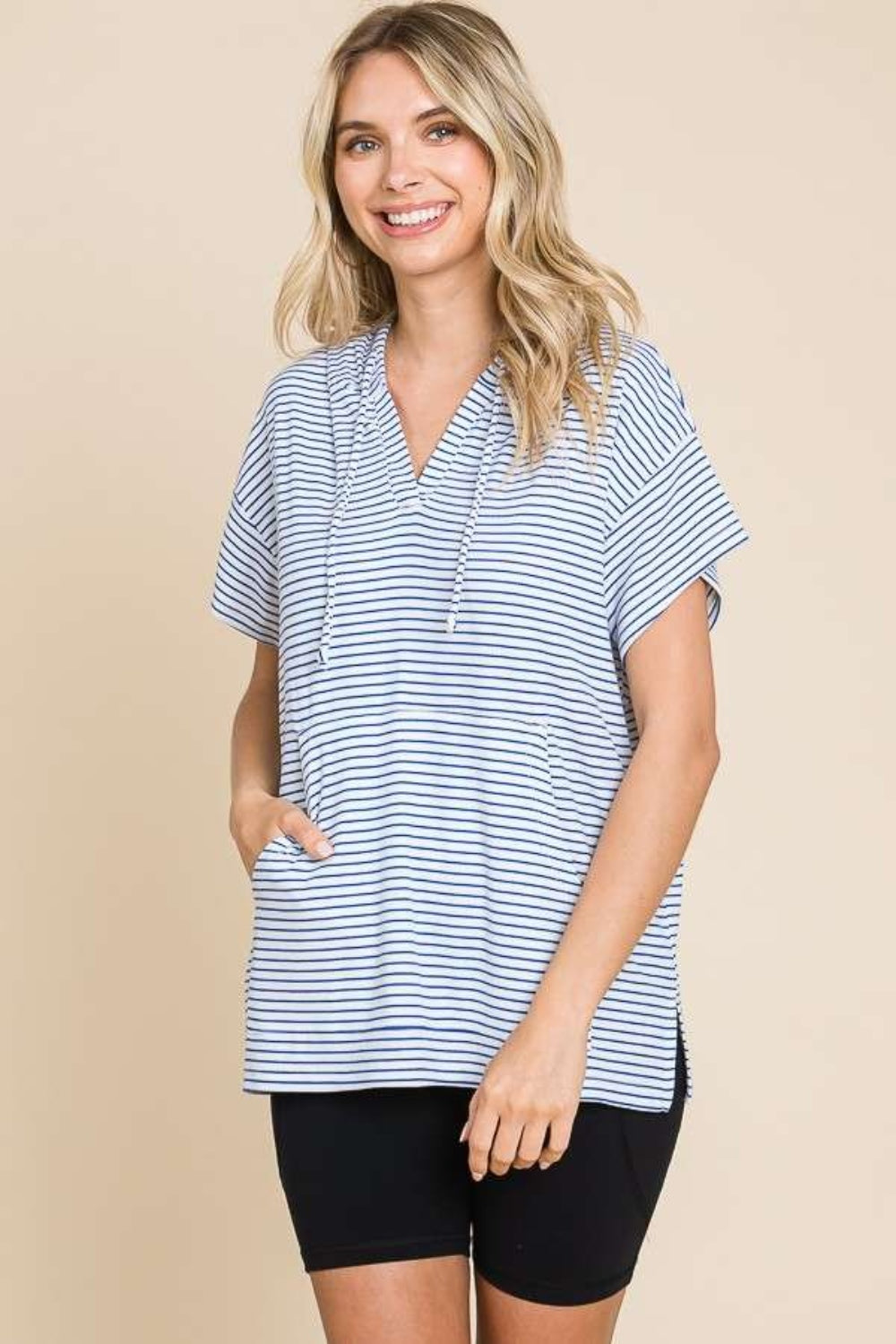 Culture Code Striped Short Sleeve Hooded Top