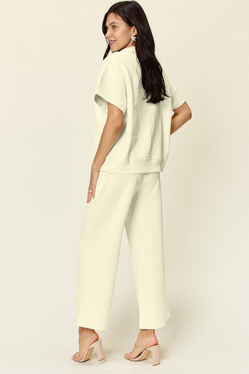 Double Take Full Size Texture Half Zip Short Sleeve Top and Pants Set - Multiple Colors!