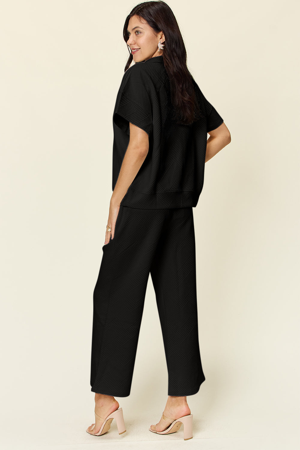 Double Take Full Size Texture Half Zip Short Sleeve Top and Pants Set - Multiple Colors!