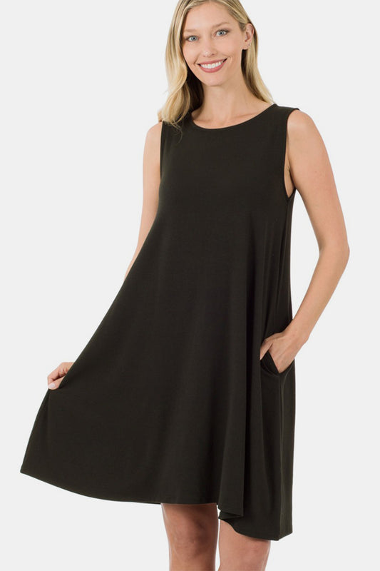 Zenana Sleeveless Flared Dress with Side Pockets