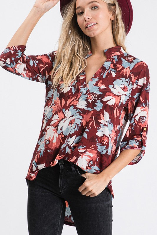 Fall Floral Roll Up Sleeve Top - Doorbuster!