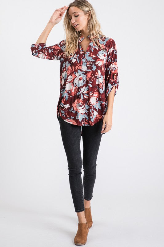 Fall Floral Roll Up Sleeve Top - Doorbuster!