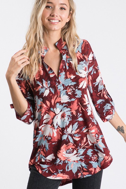 Fall Floral Roll Up Sleeve Top - Doorbuster!