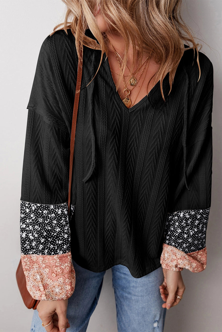 Floral Patchwork Textured Knit Drawstring V Neck Top