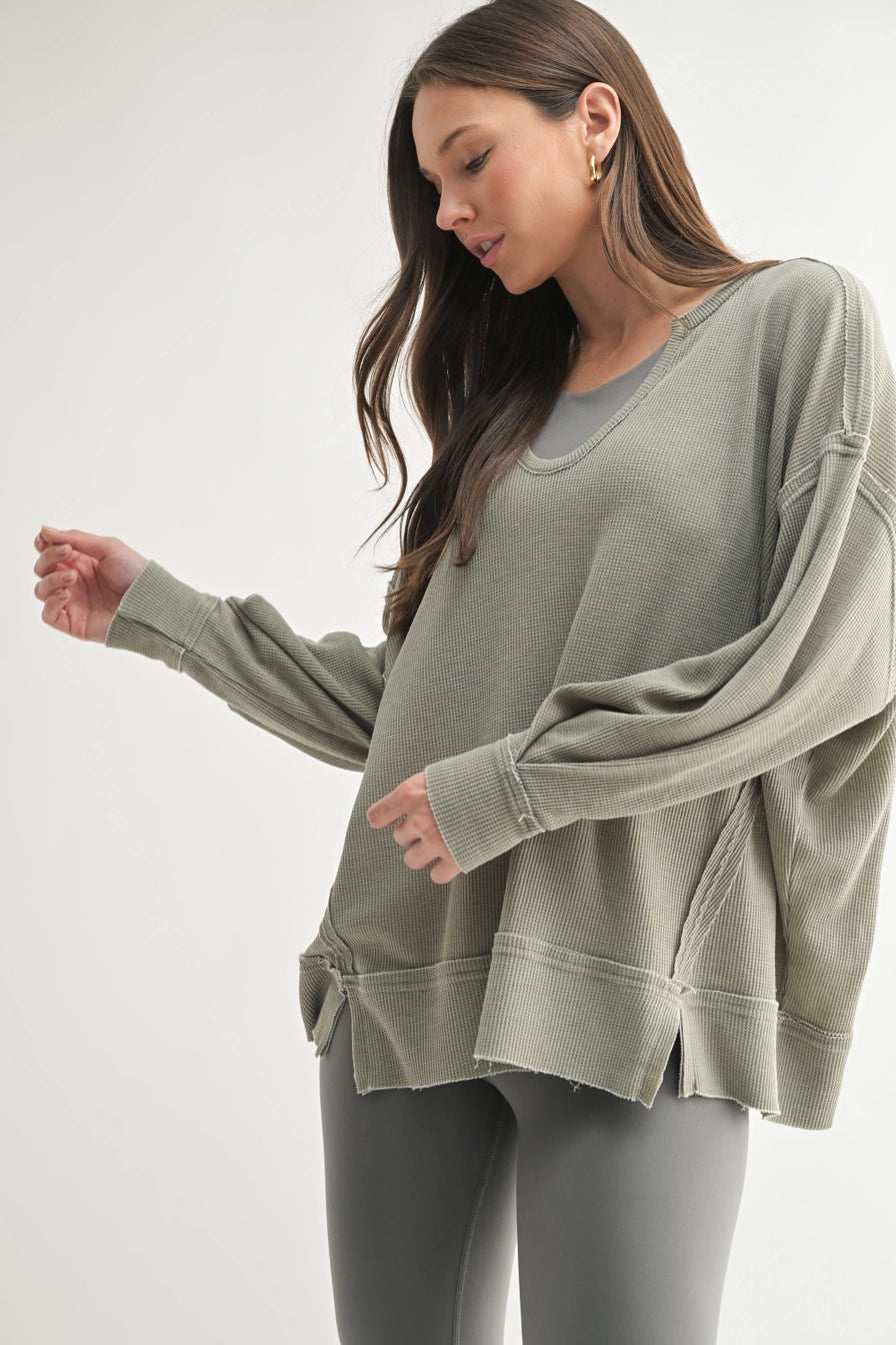 Cotton Blend Waffle Knit Oversized Long Sleeve