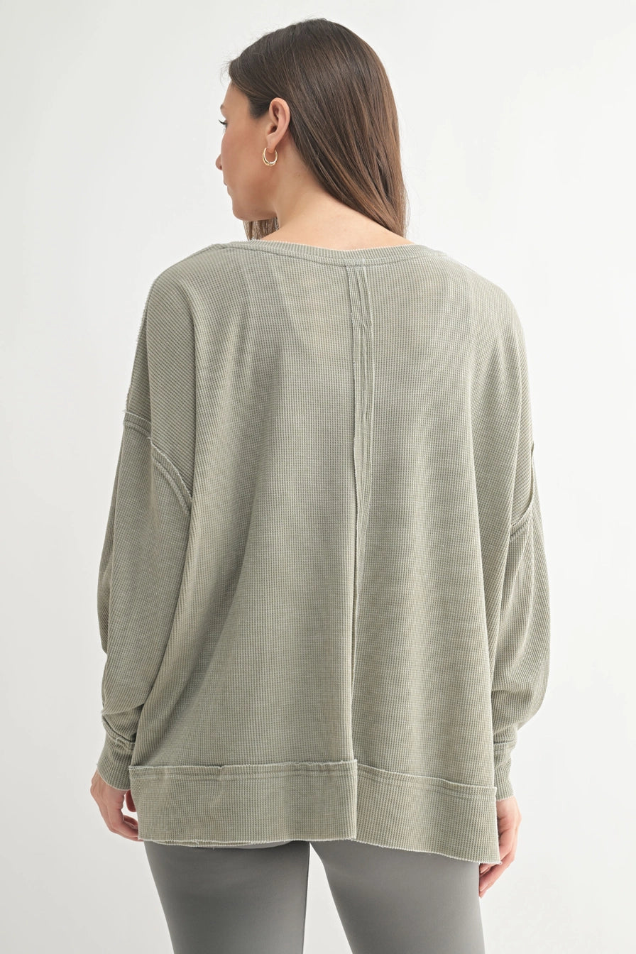 Cotton Blend Waffle Knit Oversized Long Sleeve