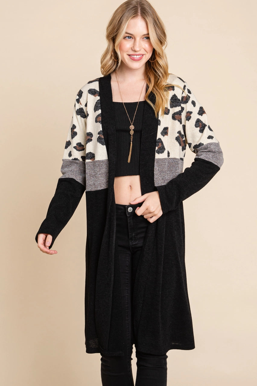 Color Block Animal Print Long Cardigan