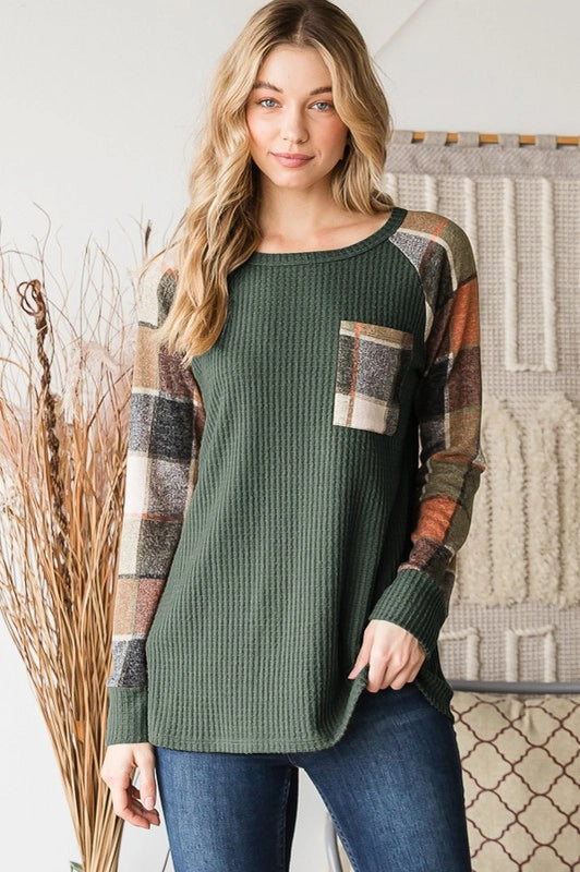 Fall Plaid & Waffle Long Sleeve Top - Curvy Girl Exclusive