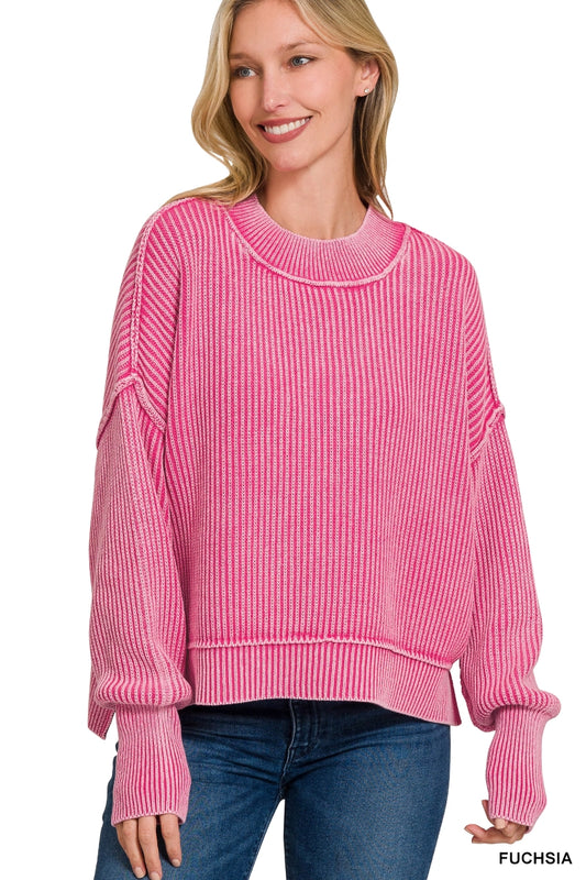 Pretty in Pink Washed Side Slit Oversized Cropped Sweater