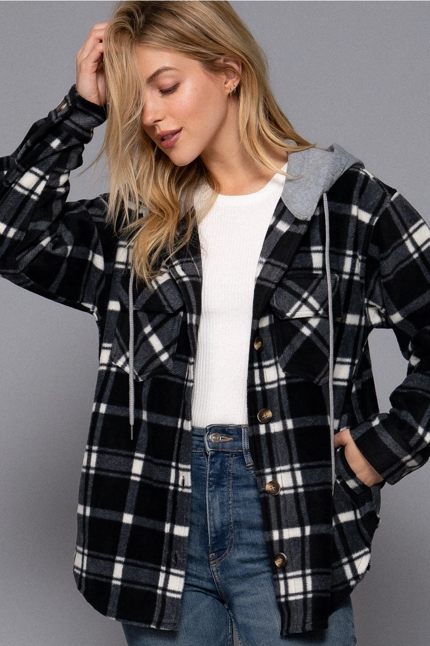 Plaid Print Hoodie Fleece Shacket w/ Pockets