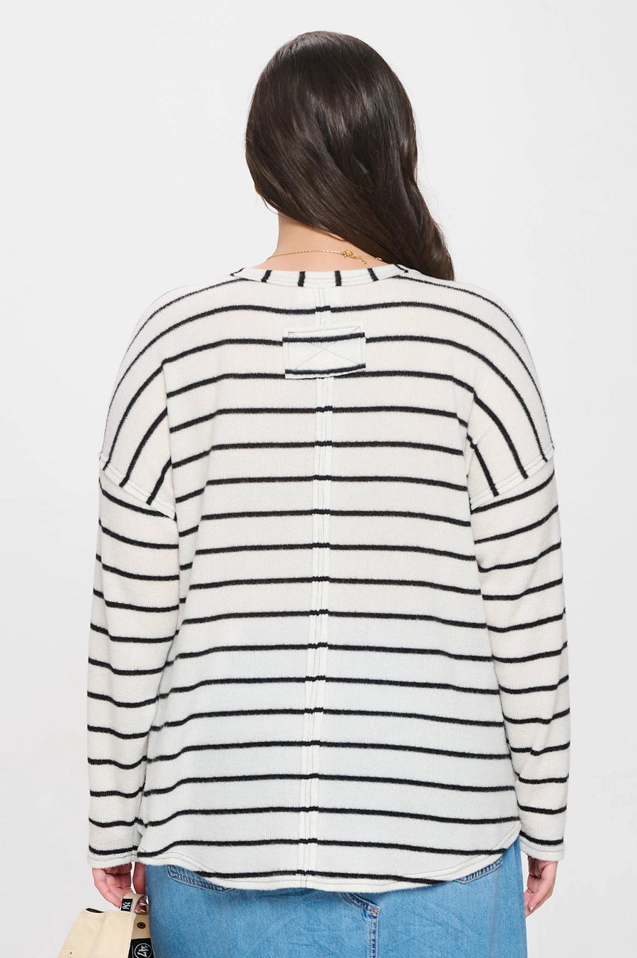 Stripe Exposed Seam Split Neck Knit Top - Curvy Girl Exclusive!