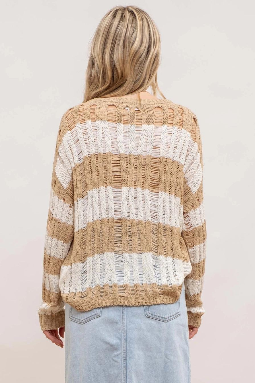 Striped Ladder Knit Pullover Sweater