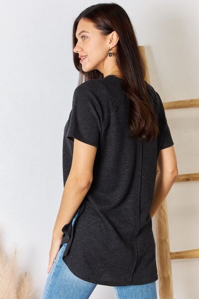 Zenana Waffle Knit Short Sleeve Slit T-Shirt