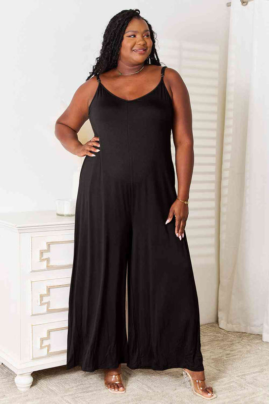 Double Take Soft Rayon Spaghetti Strap Tied Wide Leg Jumpsuit