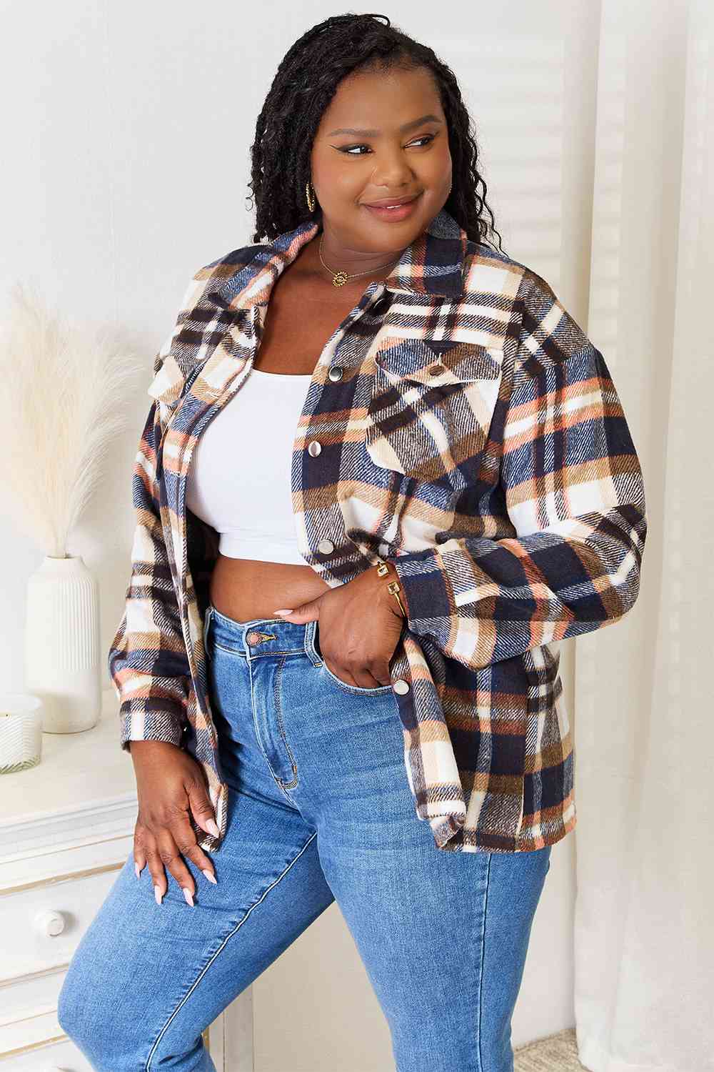 Double Take Plaid Button Down Shirt Jacket!