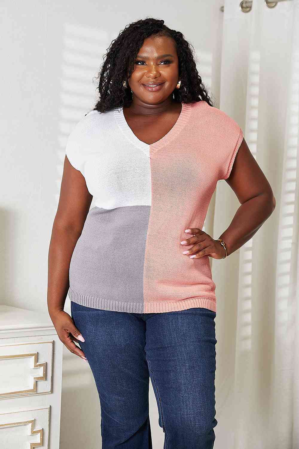Double Take Color Block V-Neck Knit Top - 3 Color Options!