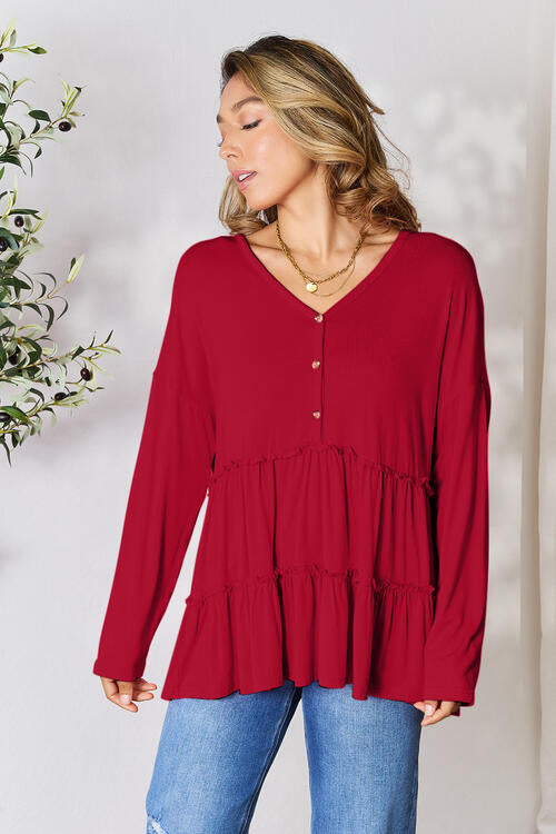 Double Take Half Button Long Sleeve Ruffle Hem Blouse - Multiple Colors!