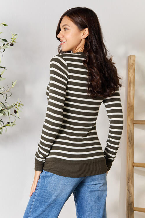 Zenana Olive Striped Snap Down Cardigan