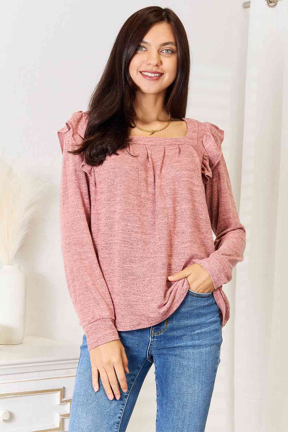 Double Take Square Neck Ruffle Shoulder Long Sleeve Top - 2 Color Options!