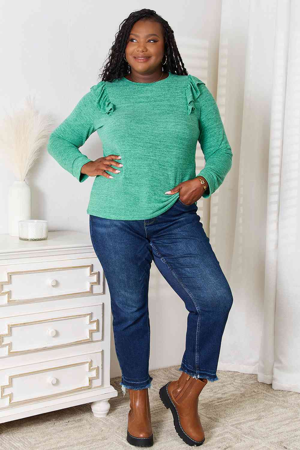 Double Take Ruffle Shoulder Long Sleeve Top - 2 Color Options!