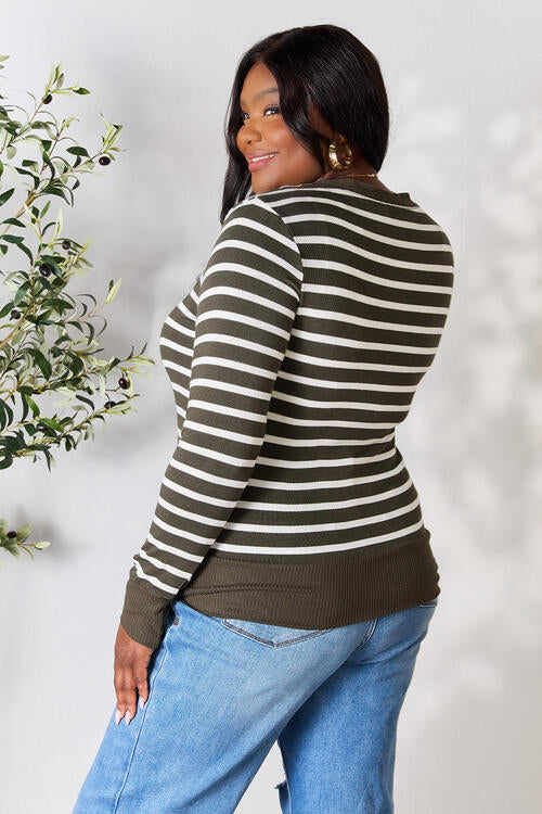 Zenana Olive Striped Snap Down Cardigan