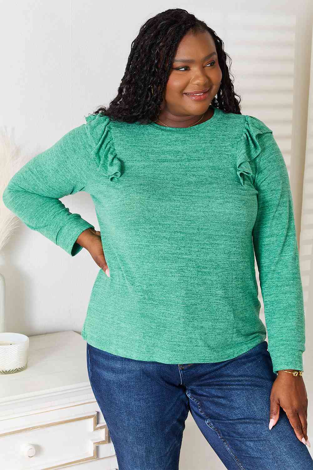 Double Take Ruffle Shoulder Long Sleeve Top - 2 Color Options!