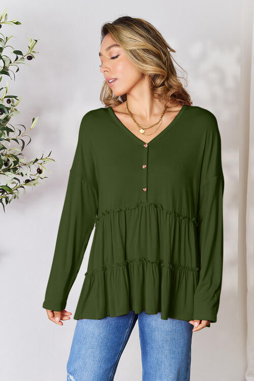 Double Take Half Button Long Sleeve Ruffle Hem Blouse - Multiple Colors!