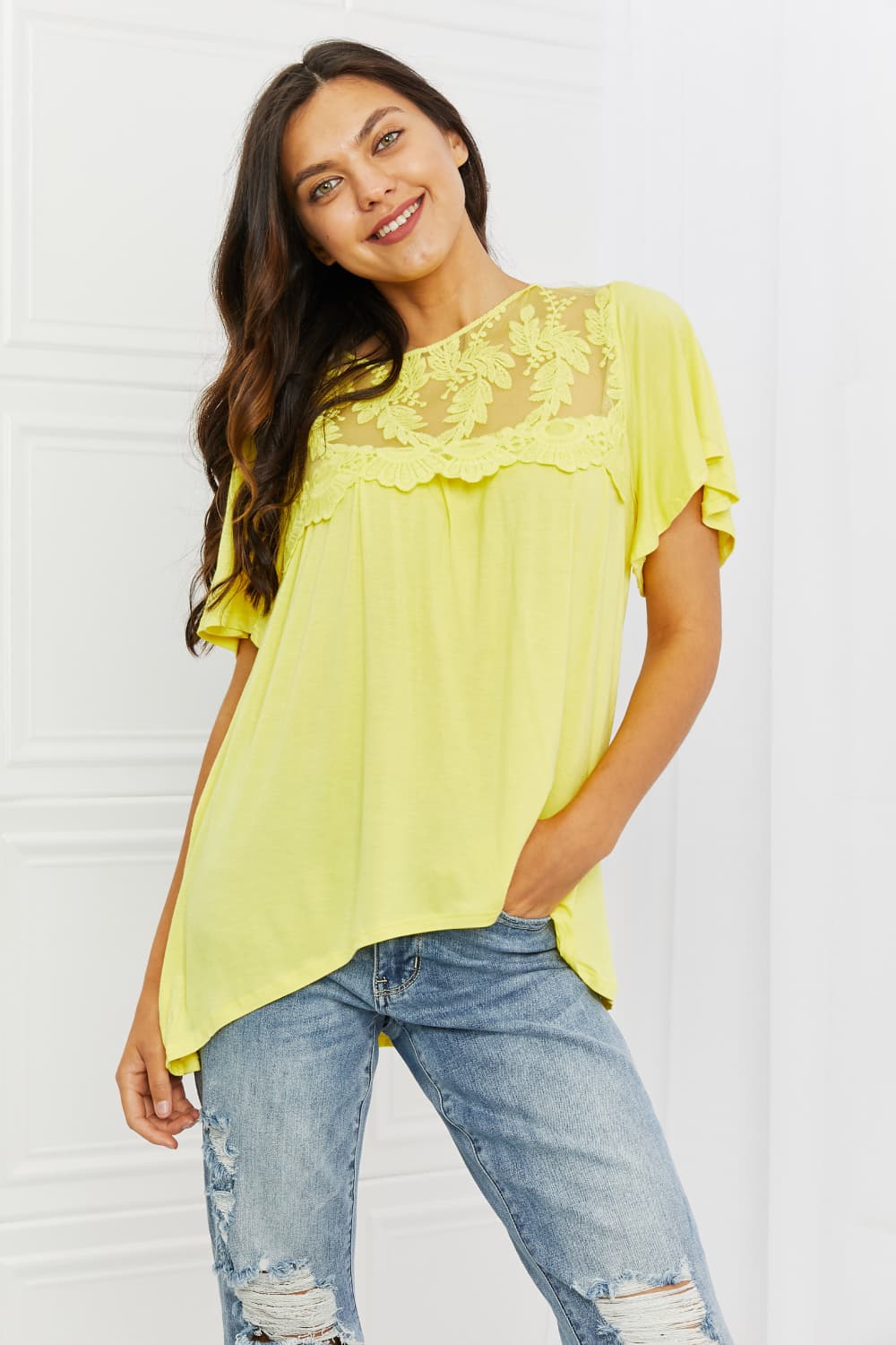 Culture Code "Ready To Go" Lace Embroidered Top in Yellow Mousse