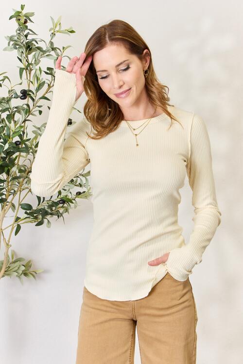 Ivory Perfection Ribbed Round Neck Long Sleeve Top