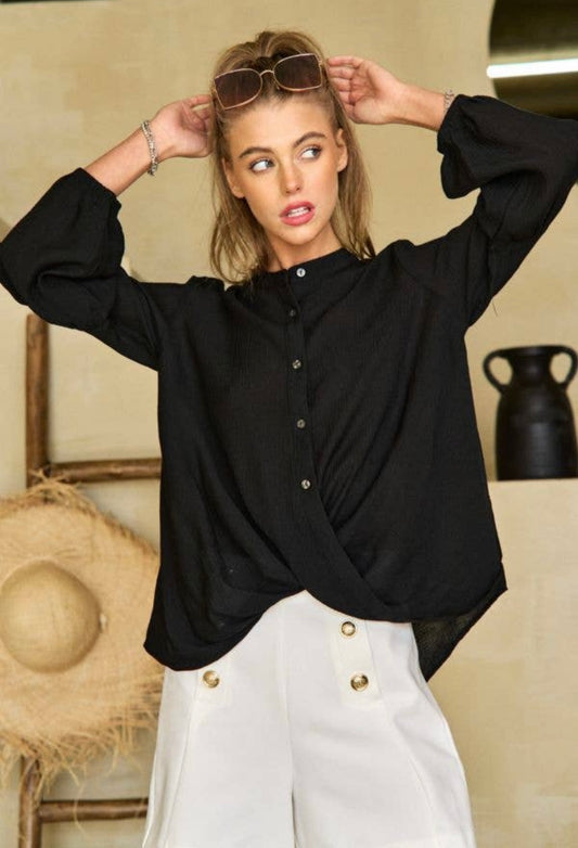 Ruch Twisted Front Solid Button Down Blouse