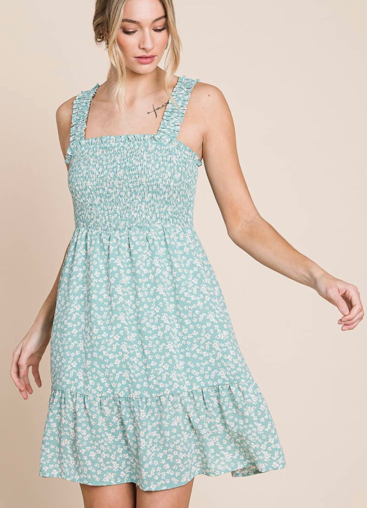 Daisy-printed Smocked Mini Dress With Pockets