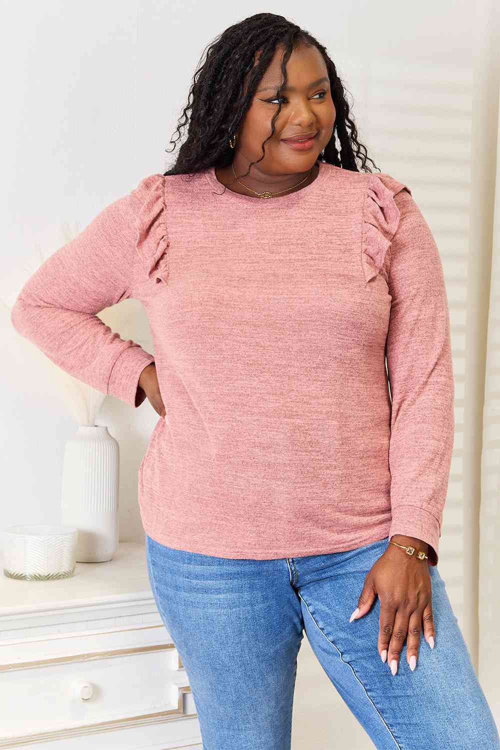 Double Take Ruffle Shoulder Long Sleeve Top - 2 Color Options!