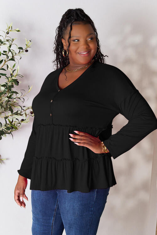 Double Take Half Button Long Sleeve Ruffle Hem Blouse - Multiple Colors!