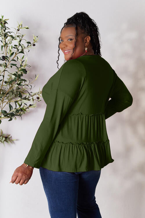 Double Take Half Button Long Sleeve Ruffle Hem Blouse - Multiple Colors!