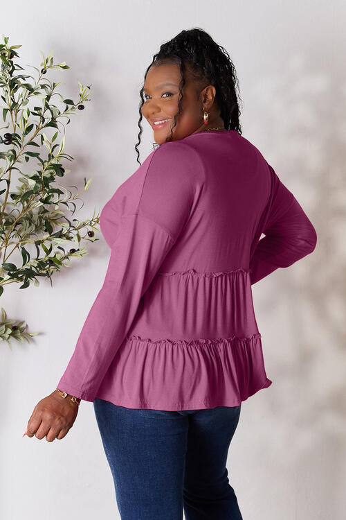 Double Take Half Button Long Sleeve Ruffle Hem Blouse - Multiple Colors!