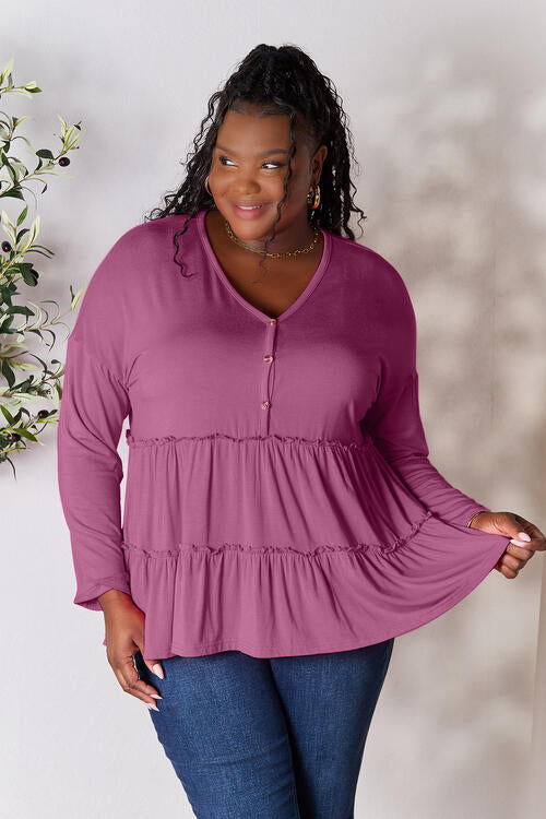 Double Take Half Button Long Sleeve Ruffle Hem Blouse - Multiple Colors!